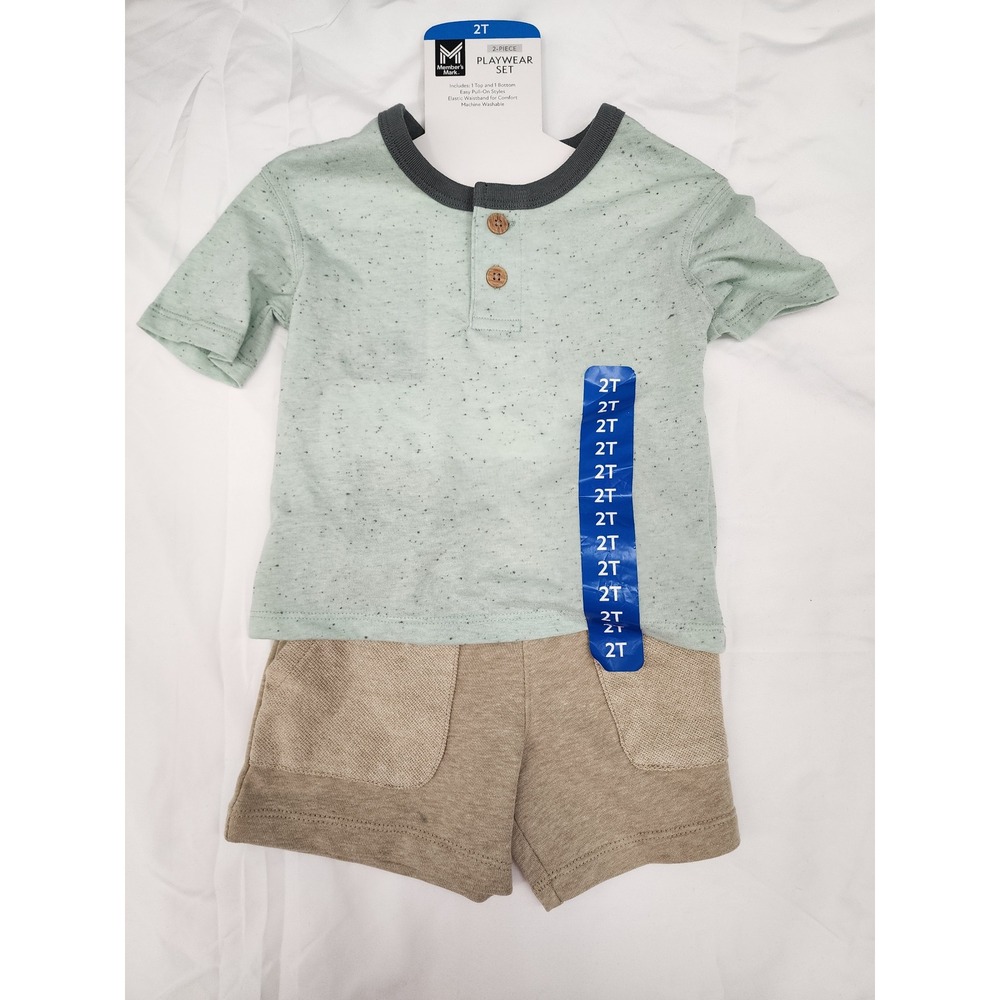 Members Mark Boys 2T Playwear Set Mint Green Henley Shirt and‎ Tan Shorts NEW
